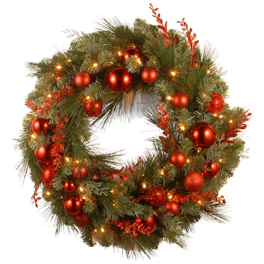Decorative Wreaths Buy the 24" Decorative Collection Christmas Red Mixed Wreaths with 50ct.  Soft White Battery Operated LED Lights with Timer at Michaels